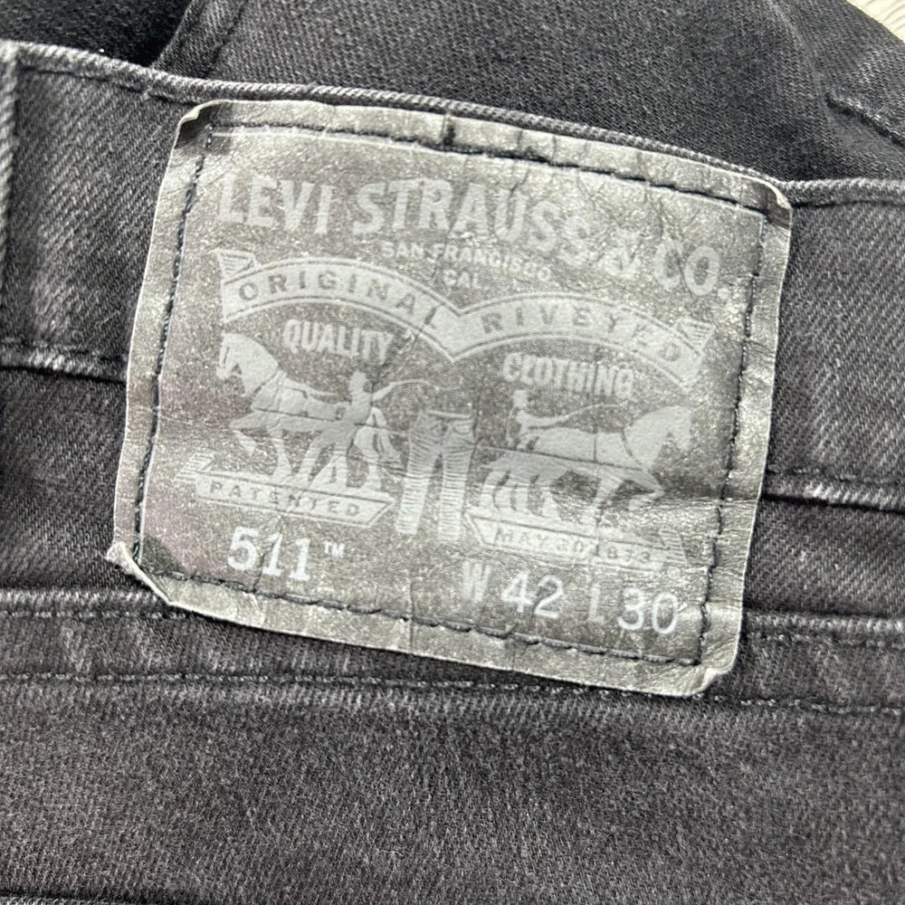 Levis 511 Jeans Mens 42x30 Black Slim Straight Stretch Denim Dark Wash Pants‎